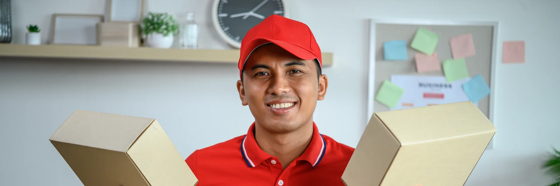 A courier in a red uniform and cap holding a cardboard box in each hand, at a desk stacked with parcels.