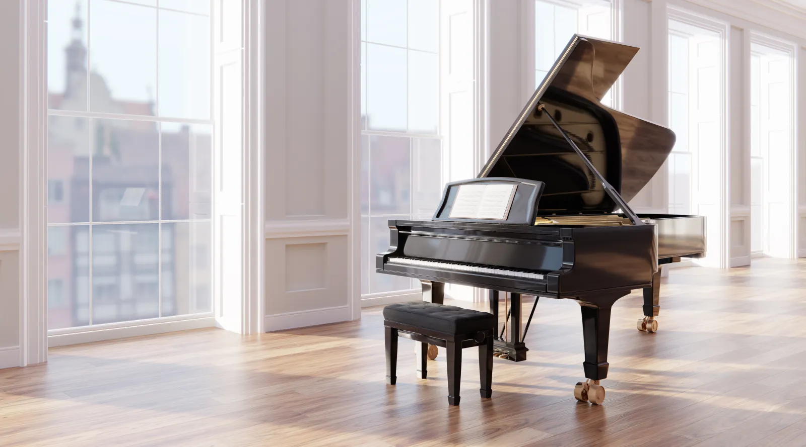 A black grand piano with its lid raised in a bright room with tall windows.